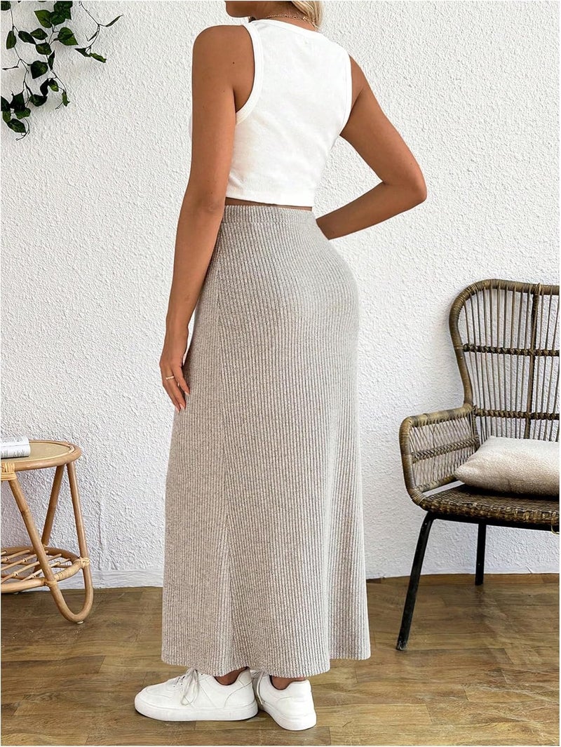 MakeMeChic Women's Maternity 2 Piece Sets Crew Neck Sleeveless Crop Tank Tops and Midi Skirts Maternity Set - Image 1